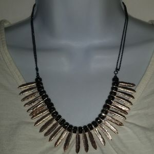 C Brand Necklace Gold Tone Feathers Black Beaded